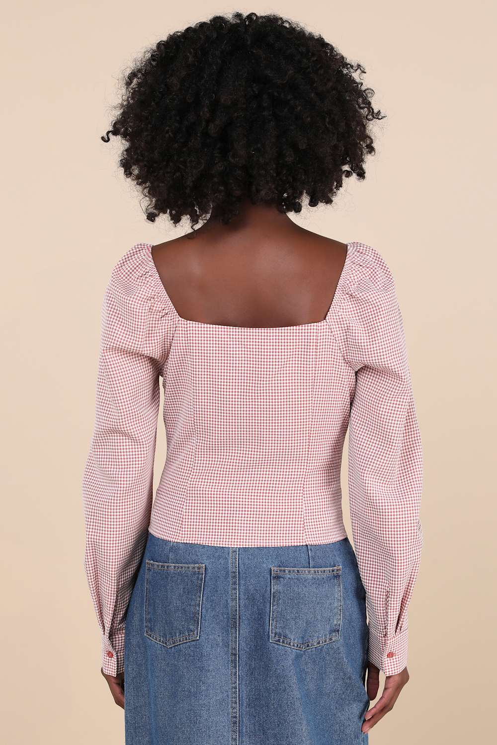 Demure and Sweet Terracotta Gingham Button-Front Long Sleeve Top