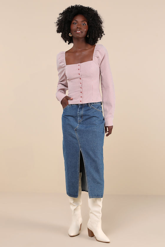 LULUS DEMURE AND SWEET TERRACOTTA GINGHAM BUTTON-FRONT LONG SLEEVE TOP