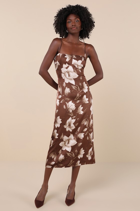 Naturally Serene Brown Floral Satin Seamed Midi Dress 4