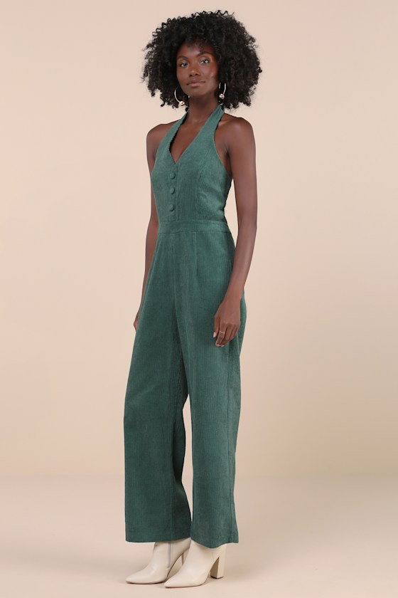 Dark Green Jumpsuit - Corduroy Jumpsuit - Cute Halter