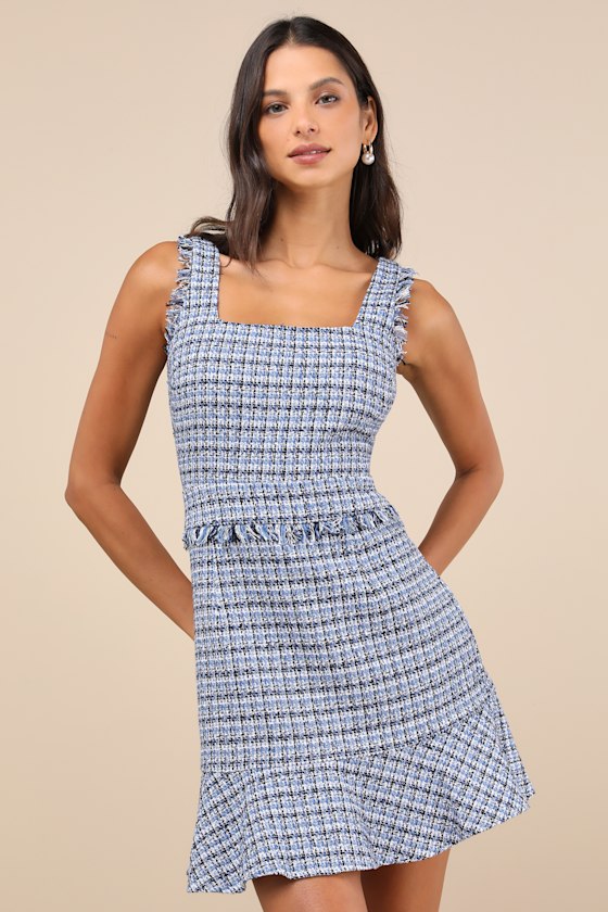 Blue Tweed Dress - Raw Edge Mini Dress - Sleeveless Mini Dress - Image 2