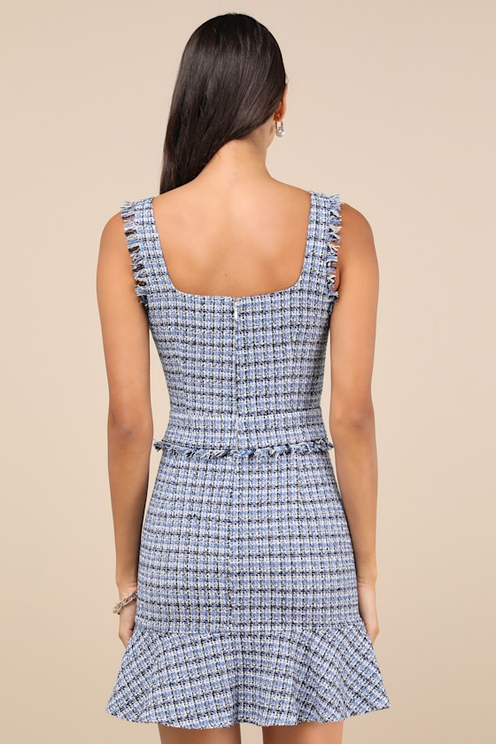 Blue Tweed Dress - Raw Edge Mini Dress - Sleeveless Mini Dress - Image 4