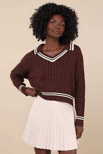 Posh Expert Brown Cable Knit Pullover Varsity Sweater
