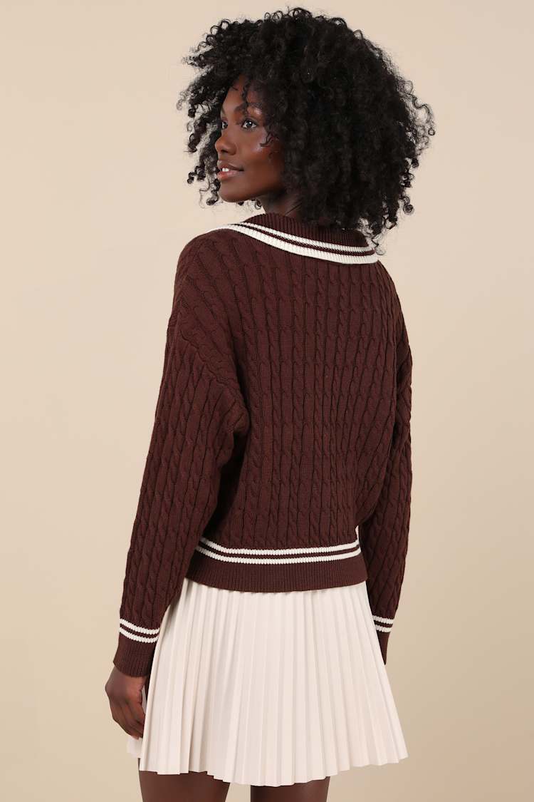 Posh Expert Brown Cable Knit Pullover Varsity Sweater