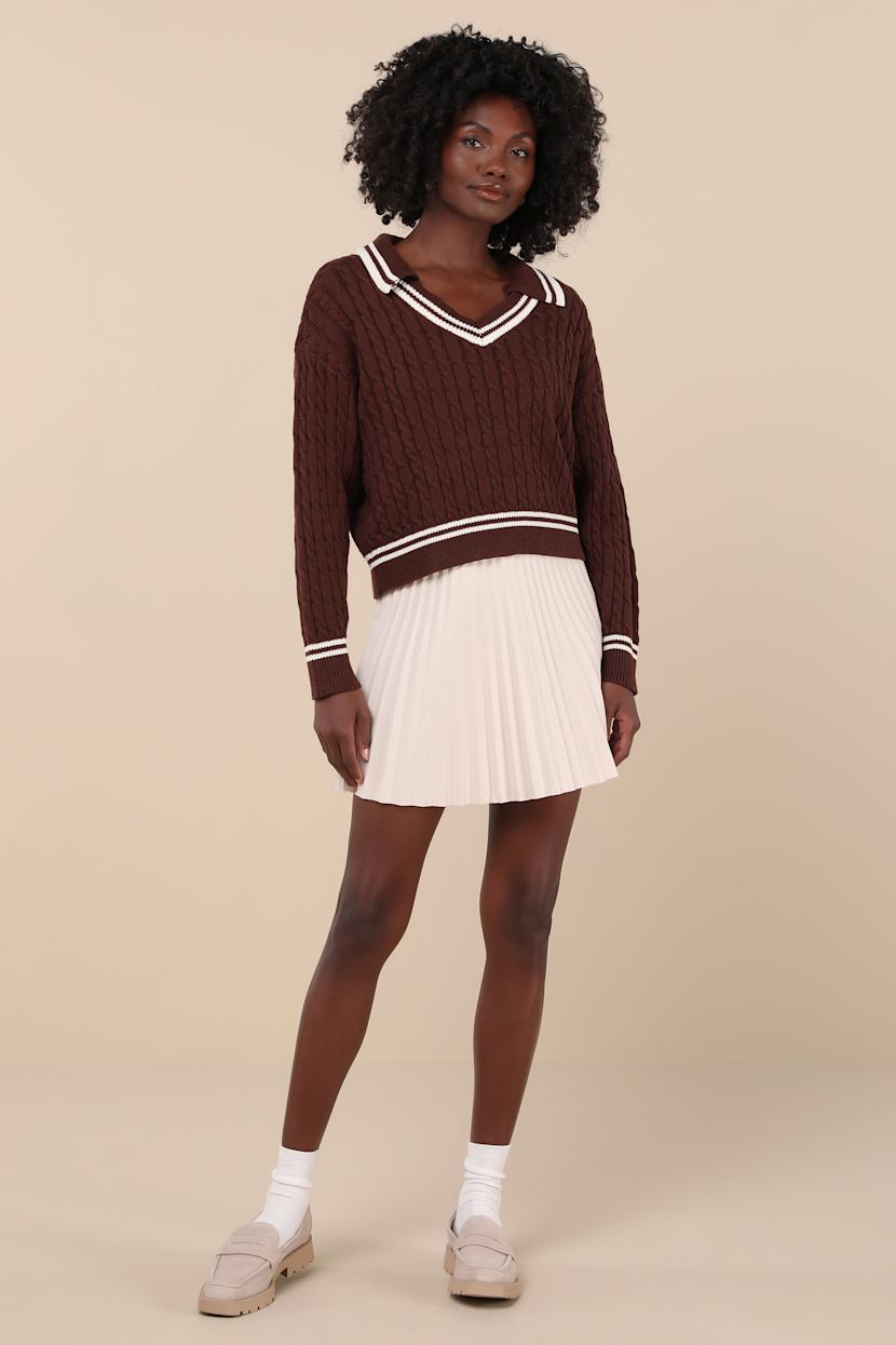 Posh Expert Brown Cable Knit Pullover Varsity Sweater