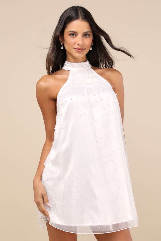 Timeless Glow Blush Mesh Pearl Mock Neck Shift Mini Dress 3