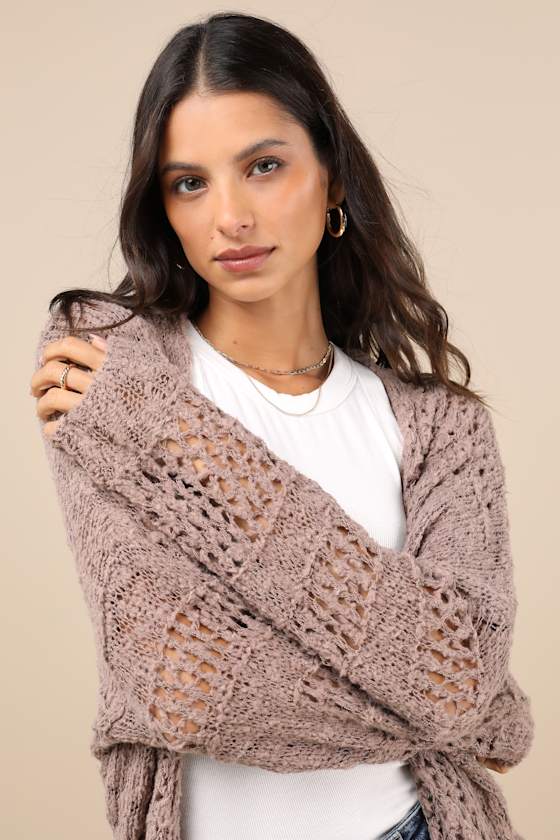 Taupe Sheer Cardigan - Oversized Cardigan - Open Crochet
