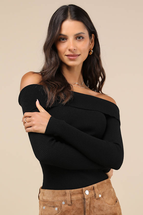 Casual Admiration Black Ribbed Off-the-Shoulder Sweater Top 3