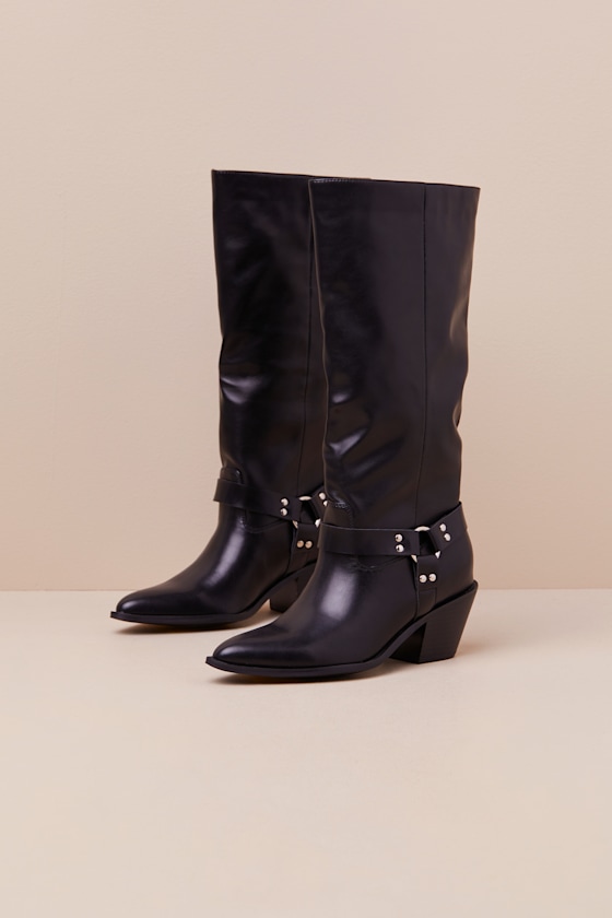 Assia Black Slip-On Knee-High Moto Boots 3