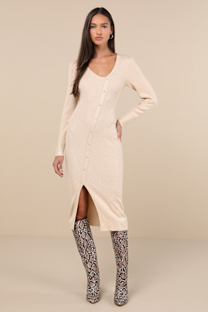 mock neck ribbed asymmetrical hem sweater midi dress Beige Knit - Dress - Dress a line linen dress