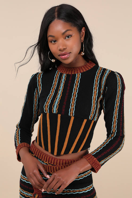 Bansho Black Multi Striped Knit Long Sleeve Corset Sweater Top 1