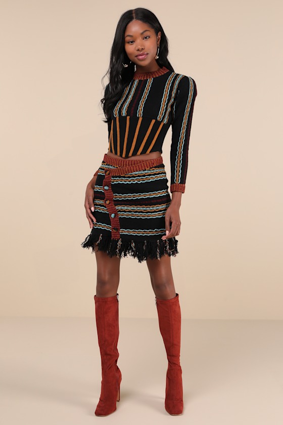 Shada Black Multi Striped Knit Asymmetrical Fringe Mini Skirt 1