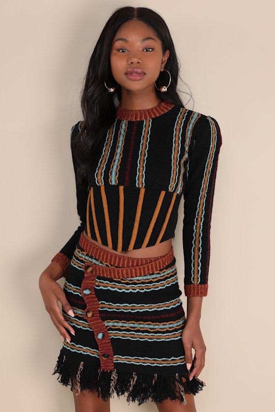 Mutma Shada Black Multi Striped Knit Wool-blend Fringe Mini Skirt In Black