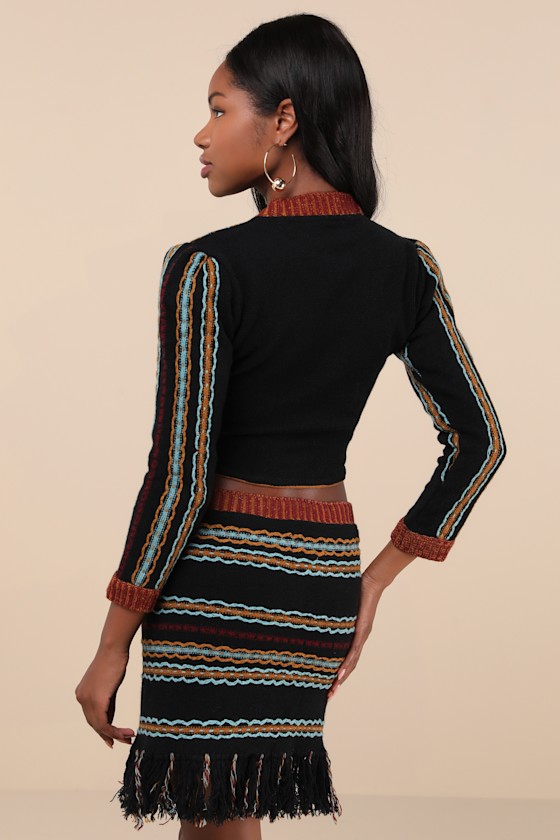Mutma Shada Black Multi Striped Knit Wool-blend Fringe Mini Skirt In Black