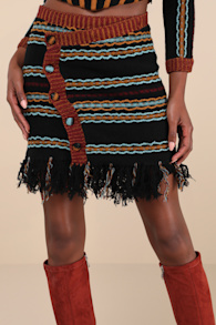 Shada Black Multi Striped Knit Asymmetrical Fringe Mini Skirt 3