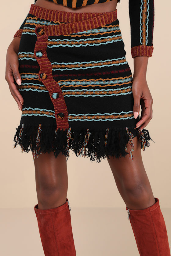 Shada Black Multi Striped Knit Asymmetrical Fringe Mini Skirt 3