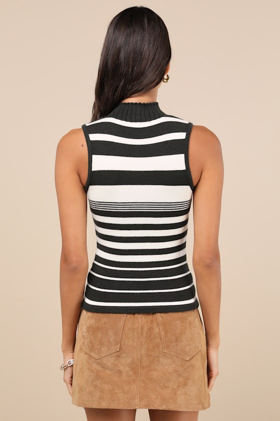 Lulus Adorable Disposition Charcoal Striped Mock Neck Sweater Tank In Grey