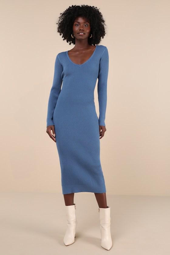 Everyday Beauty Blue Long Sleeve Ribbed Knit Sweater Dress 1