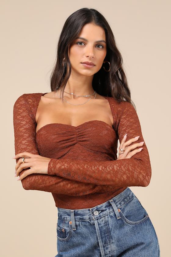 Lulus Curated Effect Rust Brown Lace Two-piece Shrug Bodysuit In Rust Brown