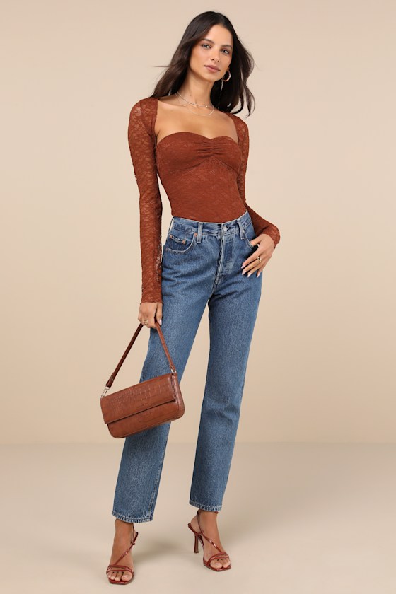 Lulus Curated Effect Rust Brown Lace Two-piece Shrug Bodysuit In Rust Brown