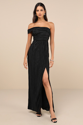 Poised Performance Black Plisse One-Shoulder Shoulder Maxi Dress 1