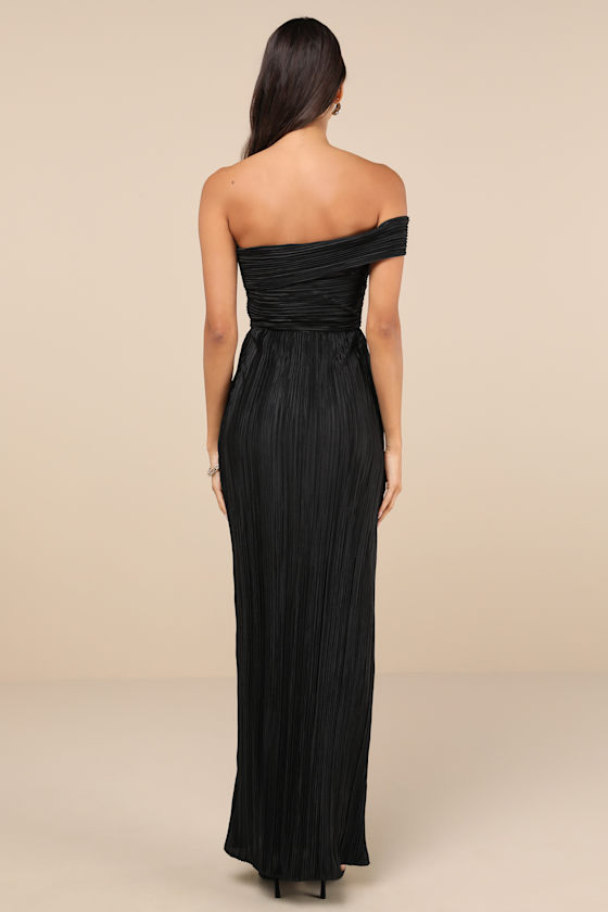 Lulus Poised Performance Black Plisse One-shoulder Shoulder Maxi Dress In Black