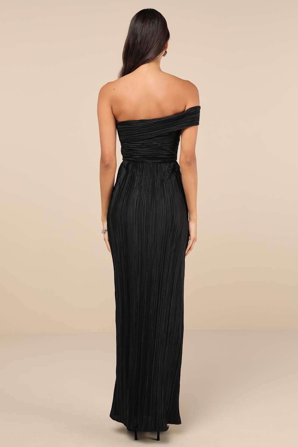 Poised Performance Black Plisse One-Shoulder Shoulder Maxi Dress