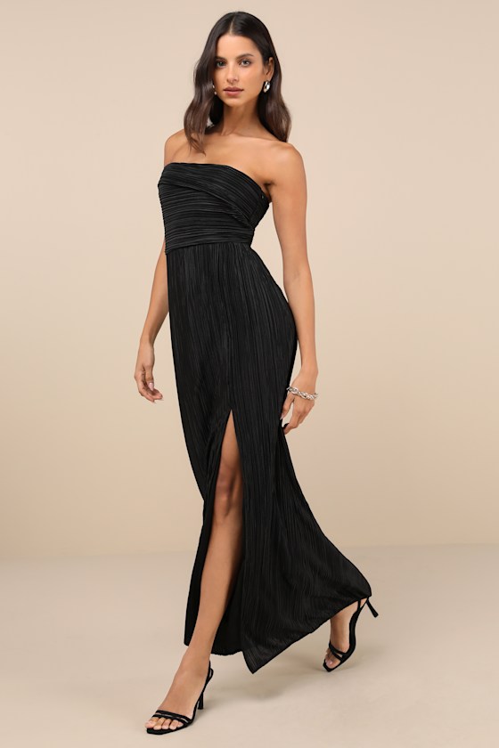 Lulus Poised Performance Black Plisse One-shoulder Shoulder Maxi Dress In Black