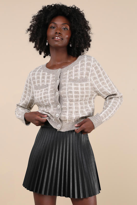 Lulus Luxuriously Comfy Taupe And Ivory Checkered Rhinestone Cardigan In Ivory
