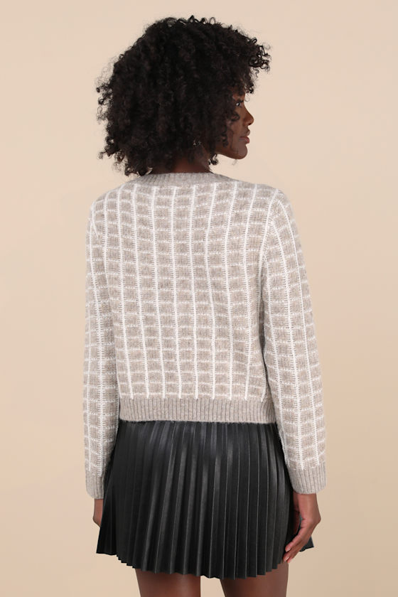 Lulus Luxuriously Comfy Taupe And Ivory Checkered Rhinestone Cardigan In Ivory
