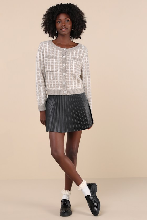 Lulus Luxuriously Comfy Taupe And Ivory Checkered Rhinestone Cardigan In Ivory
