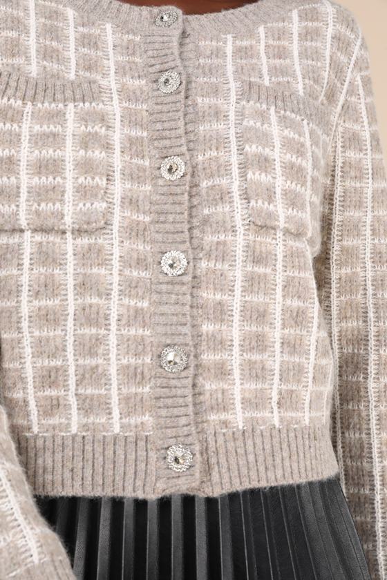 Lulus Luxuriously Comfy Taupe And Ivory Checkered Rhinestone Cardigan In Ivory