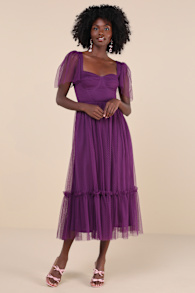 Dreamy Celebration Plum Purple Tulle Bustier Swiss Dot Midi Dres