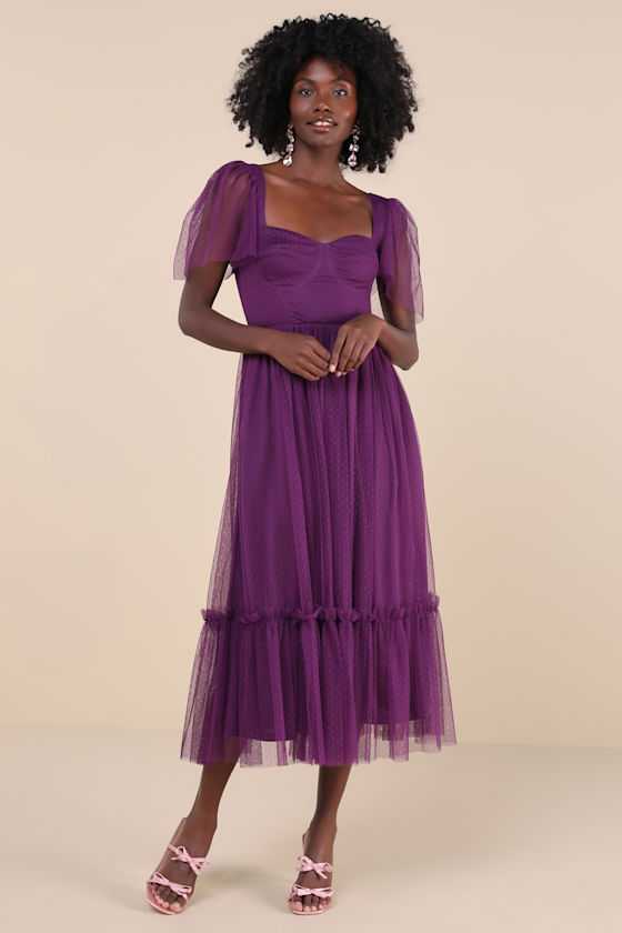 Dreamy Celebration Plum Purple Tulle Bustier Swiss Dot Midi Dres 2