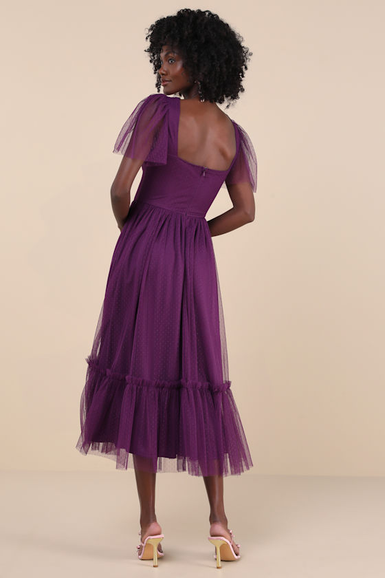 Dreamy Celebration Plum Purple Tulle Bustier Swiss Dot Midi Dres 3