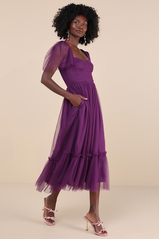 Lulus Dreamy Celebration Plum Purple Tulle Bustier Swiss Dot Midi Dres In Plum Purple
