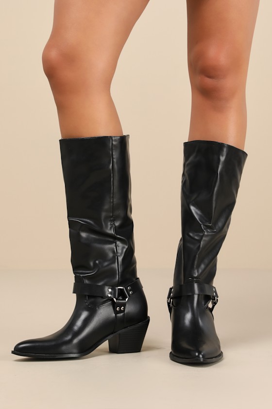 Assia Black Slip-On Knee-High Moto Boots 1