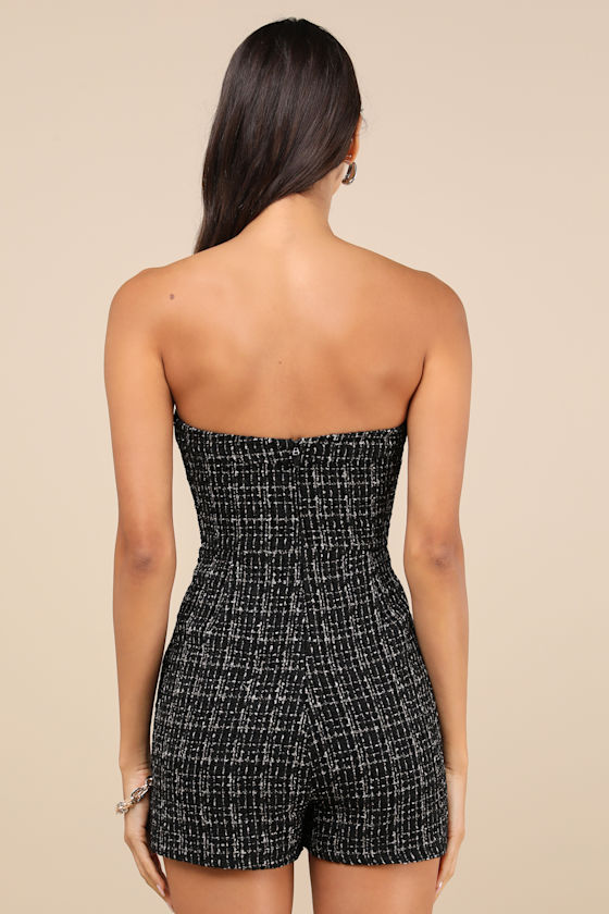 LULUS MARVELOUS POISE BLACK TWEED LUREX STRAPLESS ROMPER