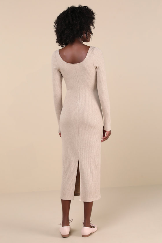 Lulus Certainly Darling Heather Beige Ribbed Long Sleeve Midi Dress In Beige