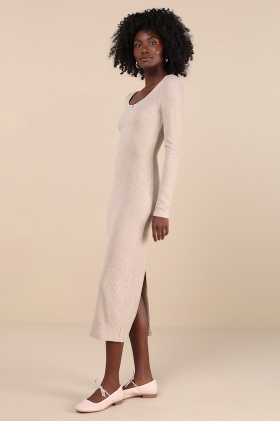 Lulus Certainly Darling Heather Beige Ribbed Long Sleeve Midi Dress In Beige