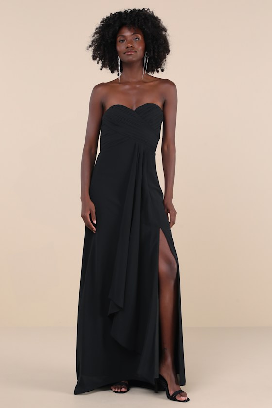 Splendid Aura Black Chiffon Pleated Strapless Maxi Dress 1