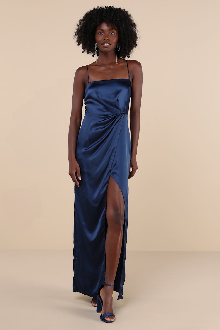Navy Blue Maxi Dress - Pleated Satin Dress - Tulip Maxi Dress - Lulus