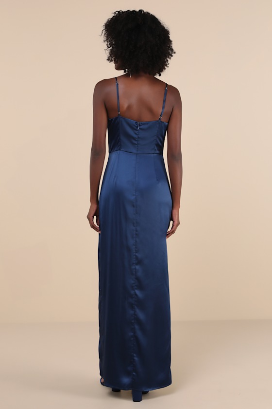 Lulus Stunning Expression Navy Blue Satin Pleated Tulip Maxi Dress In Navy Blue