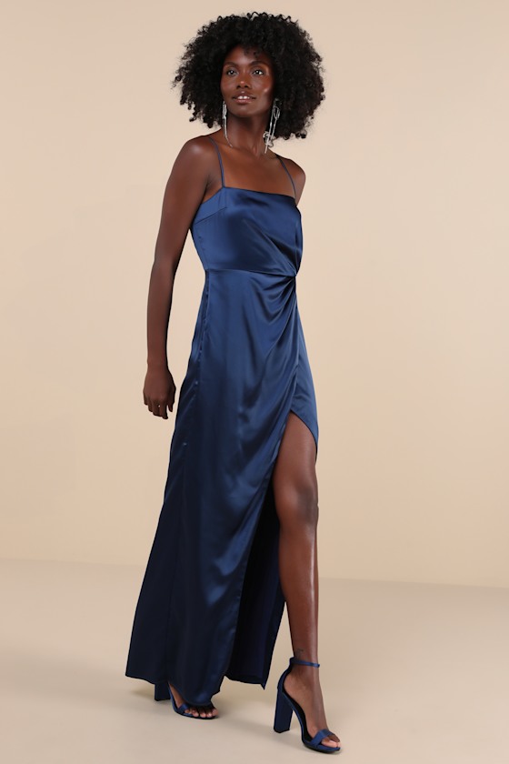 Lulus Stunning Expression Navy Blue Satin Pleated Tulip Maxi Dress In Navy Blue
