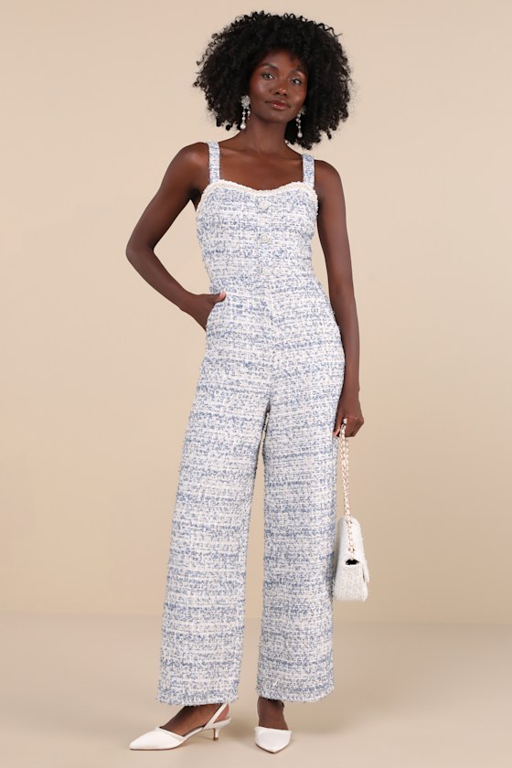 Lulus Upscale Posture Blue Tweed Sequin Pearl Sleeveless Jumpsuit In Blue
