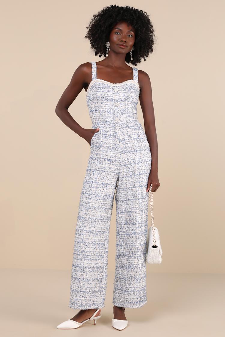 Blue Tweed Sequin Jumpsuit - Pearl Jumpsuit - Sleeveless Jumpsuit 