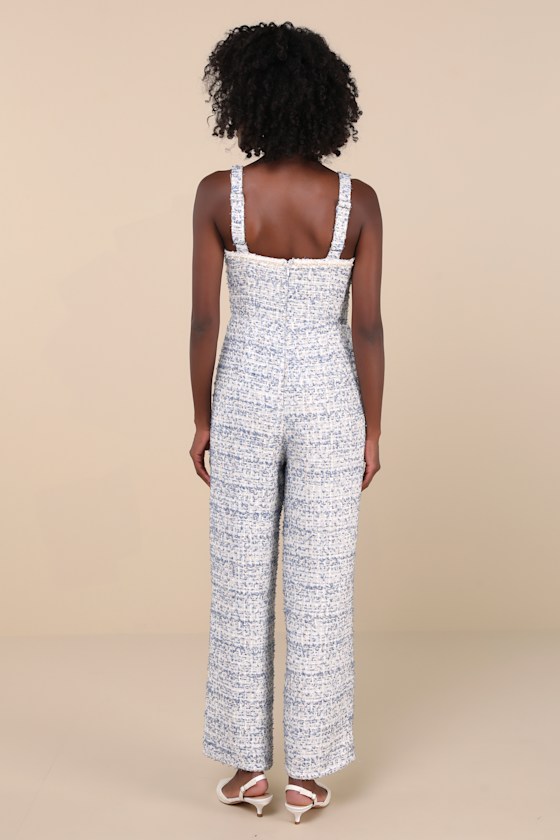Lulus Upscale Posture Blue Tweed Sequin Pearl Sleeveless Jumpsuit In Blue