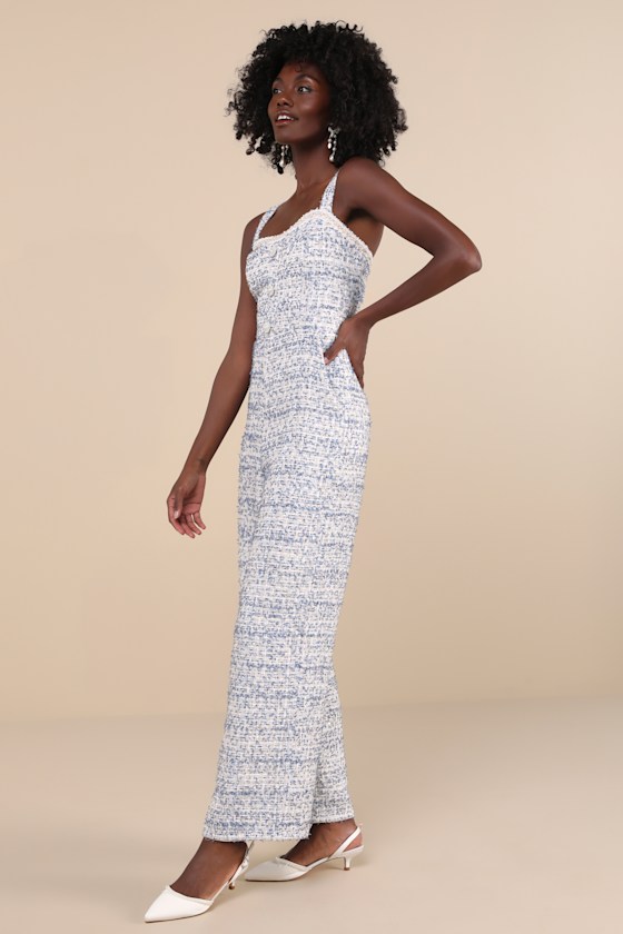Lulus Upscale Posture Blue Tweed Sequin Pearl Sleeveless Jumpsuit In Blue