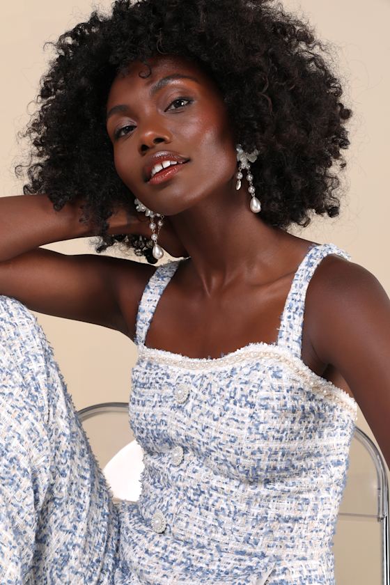 Lulus Upscale Posture Blue Tweed Sequin Pearl Sleeveless Jumpsuit In Blue