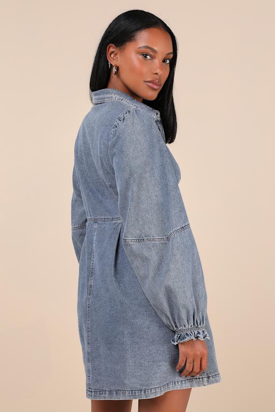Lulus Uniquely Darling Medium Wash Denim Mini Dress With Pockets In Blue